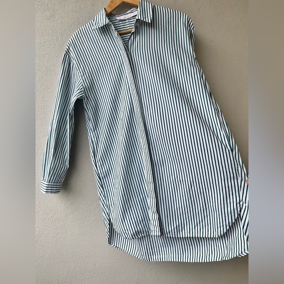 Zara | Green & White Striped Long Poplin Shirt - Picture 2 of 16